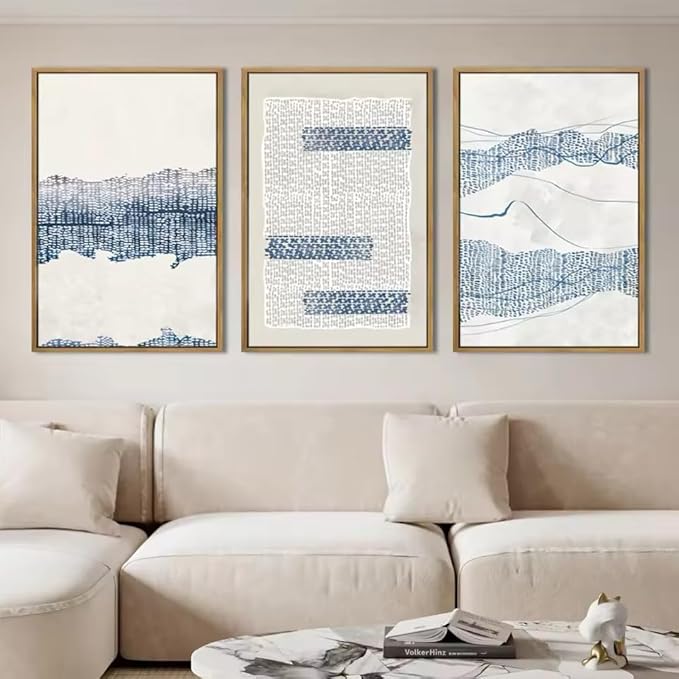 IARTTOP Large Blue Abstract Framed Canvas Wall Art 16x24 Inch Neutral Modern Art Prints Minimalist boho Artworks for Living Room Bedroom Office Set of 3
