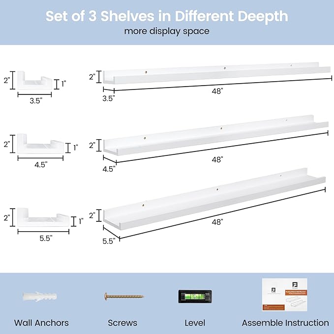 Picture Ledge Shelf for Wall, 48 inches Solid Pine Wood Nursery Book Shelves 3 Pack, Floating Ledge Shelves for Kids' Room, Bedroom, Bathroom Long Floating Shelves for Wall, White