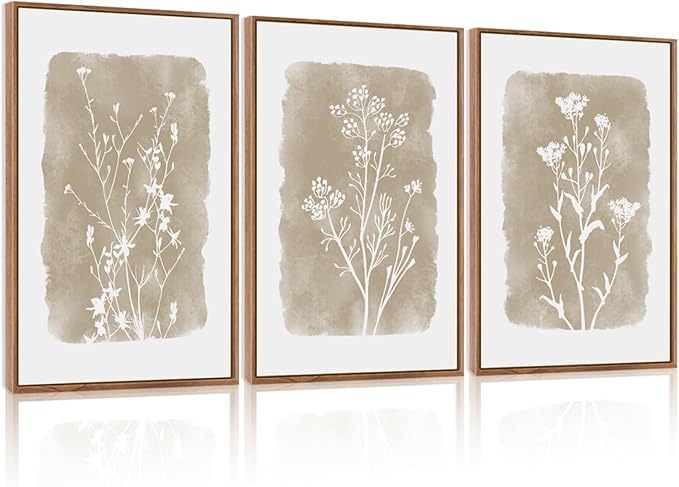 CHDITB Botanical Farmhouse Wall Art Set, Framed Boho Plant Wall Decor, Neutral Minimalist Floral Wall Painting, Rustic Wildflower Canvas Art Prints for Living Room, Bedroom, Bathroom - Large 16"x24"x3