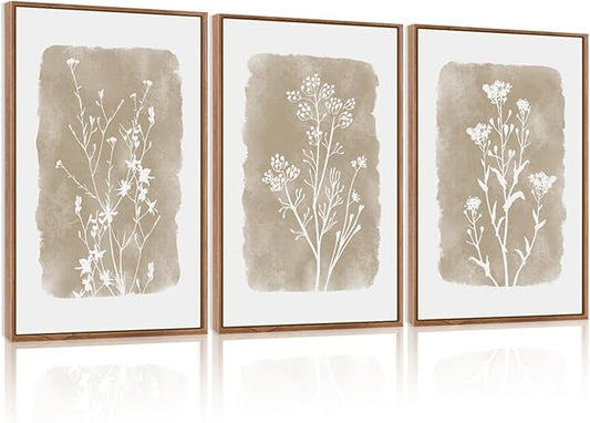 CHDITB Botanical Farmhouse Wall Art Set, Framed Boho Plant Wall Decor, Neutral Minimalist Floral Wall Painting, Rustic Wildflower Canvas Art Prints for Living Room, Bedroom, Bathroom - Large 16"x24"x3