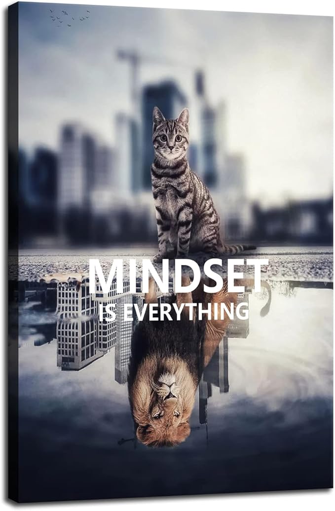 Inspirational Animal Cat And Lion Mindset is Everything Inspirational Wall Art Canvas Print Artwork Frame Decoration Modern Home Decoration Living Room Bedroom Ready to Hang[12''W X 18''H]