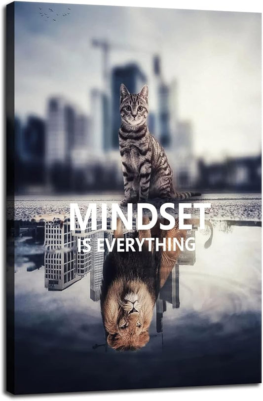 Inspirational Animal Cat And Lion Mindset is Everything Inspirational Wall Art Canvas Print Artwork Frame Decoration Modern Home Decoration Living Room Bedroom Ready to Hang[12''W X 18''H]
