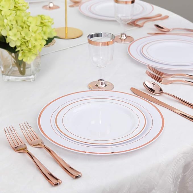 WDF-125PCS Rose Gold Plastic Silverware&Disposable Plastic Plates - Disposable Plates include 25 Dinner Plate,25 Salad Plate,25 Forks, 25 Knives, 25 Spoons for Wedding, Party