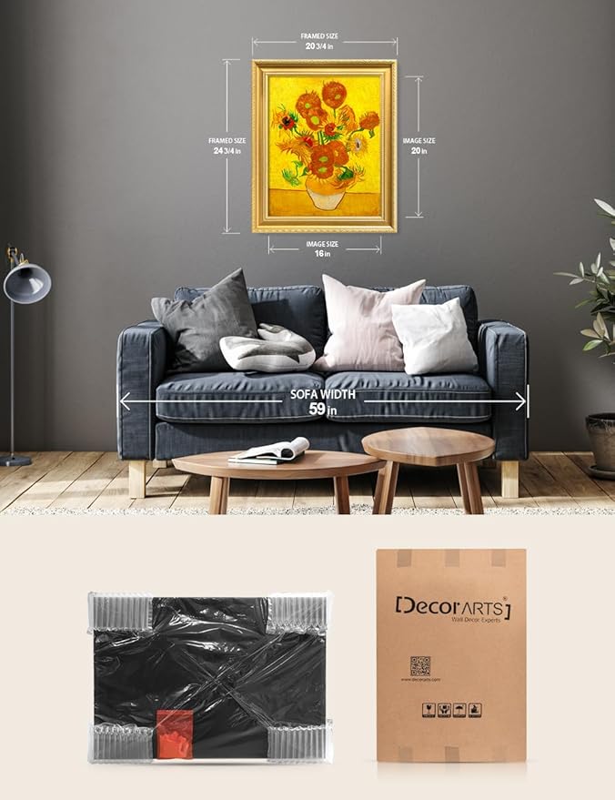 DECORARTS - Sunflowers by Vincent Van Gogh. Giclee Print on Acid-Free Canvas in Gold Solid Wood Frame. Picture Size: 16x20, Total Size: 24.75x20.75, Made in USA
