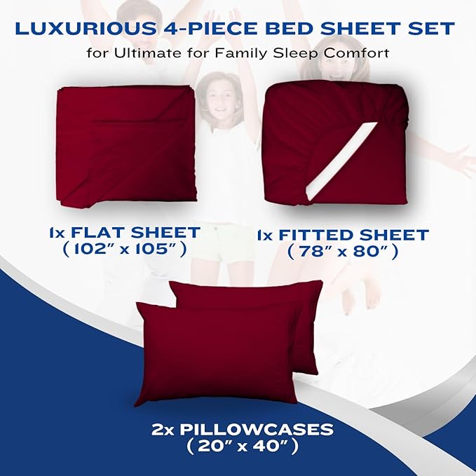 DREAMCARE Twin XL Sheet Set - Cooling Bed Sheets - 4pc Set - up to 15" Deep Pocket Twin XL Sheets - Soft & Long Lasting 100% Fine Brushed Polyester with Side Pocket - Burgundy