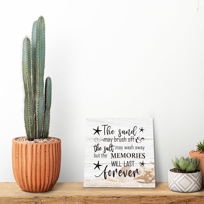 Beach Wood Sign, “The Sand May Brush Off the Salt May Wash Away but the Memories Will Last Forever”, Wooden Plaque Table Art Sign, Ocean Theme Home Decorations, Coastal House Decor, Family Sign F