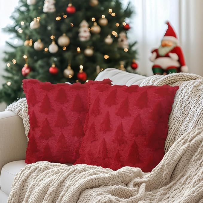 GEEORY Christmas Tree Throw Pillow Covers 18x18 Inch Set of 2, Xmas Winter Soft Plush Faux Fur Wool Decorative Farmhouse Holiday Cushion Case for Home Decoration (Red) GC005-18