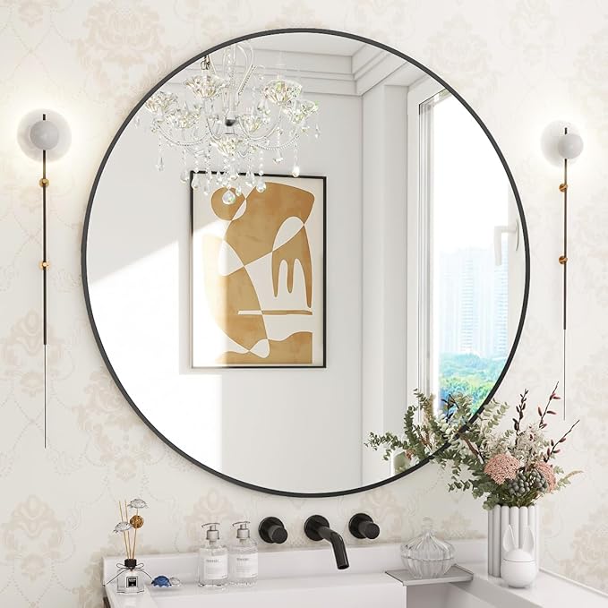 BEAUTYPEAK 32 Inch Round Mirror, Metal Frame Circle Mirror, Wall Mounted for Entryway, Bathroom, Vanity, Living Room, Black