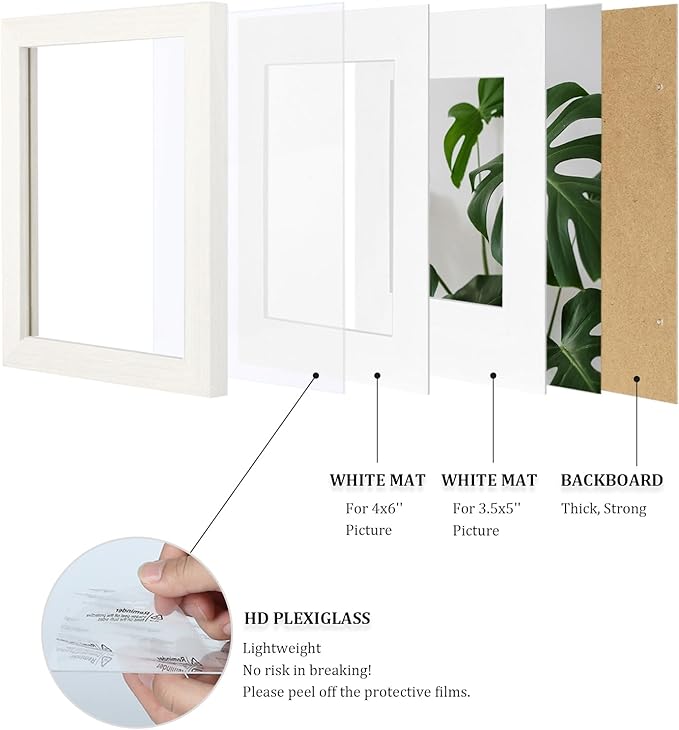 Egofine 4x6 Picture Frames Set of 4, Made of Solid Wood Covered by Plexiglass 3.5x5 with Mat or 4x6 without Mat, for Table Top Display and Wall Mounting Photo Frame Beige
