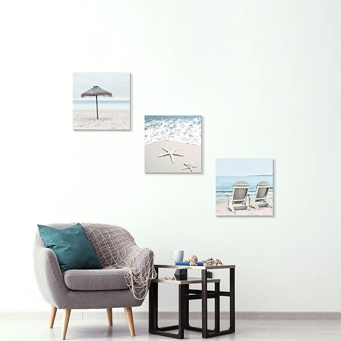 Beach Theme Canvas Wall Art: Sun Umbrella Starfish & Beach Chair on Sand Artwork Painting Print for Bedroom Office (12'' x 12'' x 3 Panels)