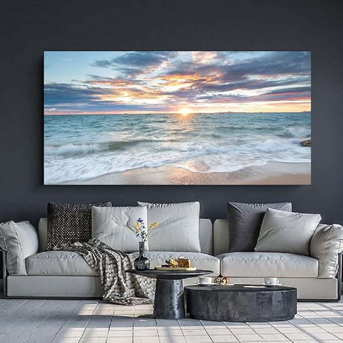 Yxbhhym-Large Coastal Wall Decor Beach Sunset Wall Art Ocean Room Decor Picture Seascape Canvas Prints Poster Waves Sea Artwork for Walls Landscape Painting Bedroom Living Room Modern Office Décor