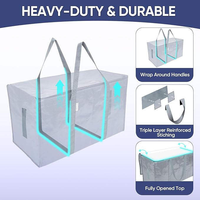 TICONN 6 Pack Extra Large Moving Bags with Zippers & Carrying Handles, Heavy-Duty Storage Tote Moving Boxes for Space Saving (6 Pack, Light Grey)