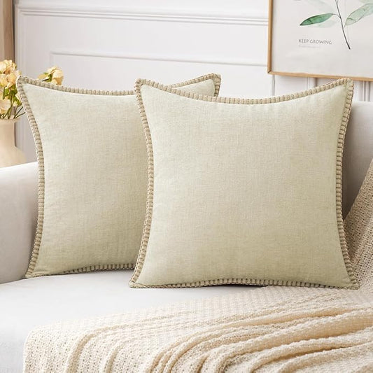 MIULEE Pack of 2 Christmas Pillow Covers 18x18 Inch Cream White Farmhouse Decorative Throw Pillow Covers with Stitched Edge Soft Chenille Solid Dyed Couch Pillow Covers for Sofa Bed Living Room