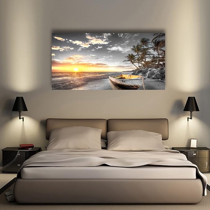 Beach Wall Art Canvas Prints Art Black and White Sunset Seascape Pictures Bedroom Decor Boat Tree Ocean Landscape Painting for Living Room Office Decoration Natural Scenery Artwork 20x40inches