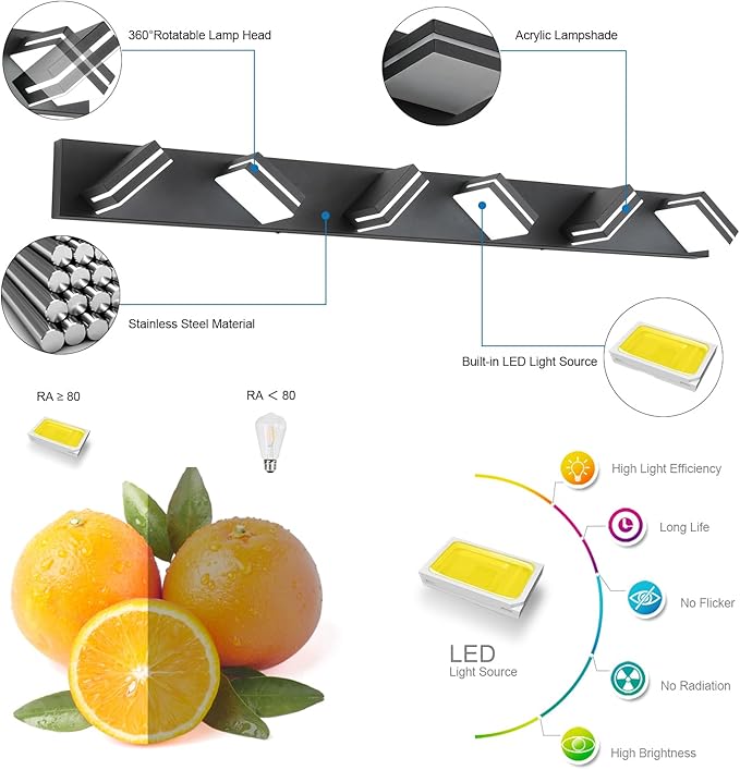 SineRise LED Modern Bathroom Vanity Light Fixtures (6-Light, 48-Inch), Matte Black Modern Acrylic Bathroom Wall Lighting Fixtures Over Mirror (Cool White 6000K)