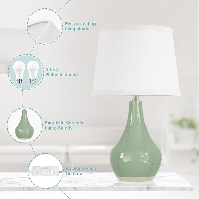 Seealle Modern Green Table Lamps Set of 2 - Bedside Lamps for Night Stands, 19.4" Bedroom Lamp for Living Room Sage Green Lamps with Rocker Swtich
