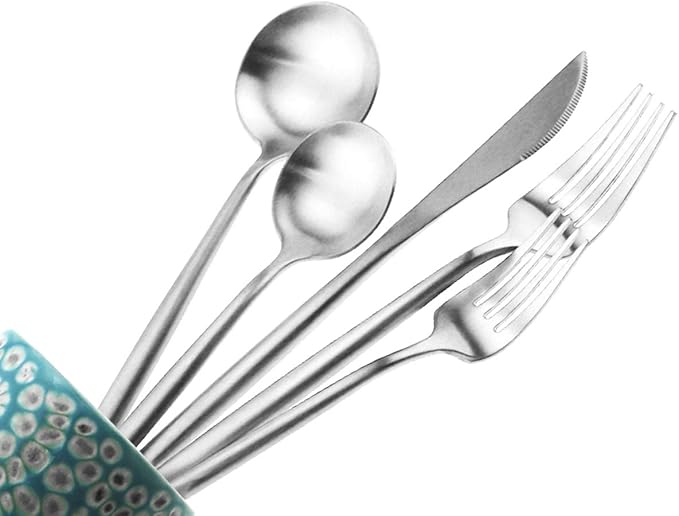 Gugrida Silver Flatware, Royal 20 Piece Luxury Matte Finish 18/10 Stainless Steel Tableware Sets for 4 Including Forks Spoons Knives, Camping Silverware Travel Utensils Set Cutlery (Silver)