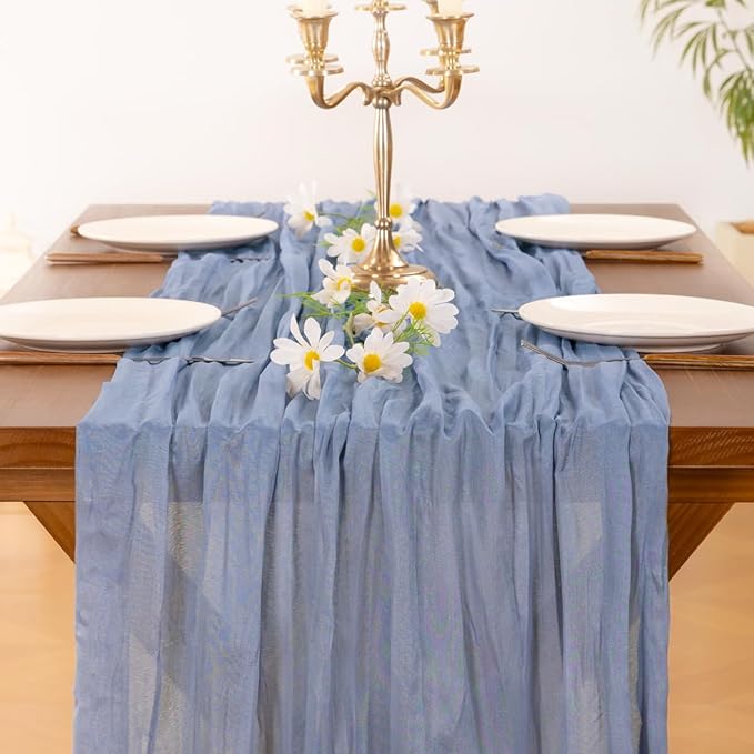 Socomi 15pcs Dusty Blue Fall Thanksgiving Cheesecloth Table Runner Boho Rustic Gauze 120 inch 10FT Cheese Cloth Runner for Wedding Party Baby Shower Birthday Home Decor Holiday Decorations