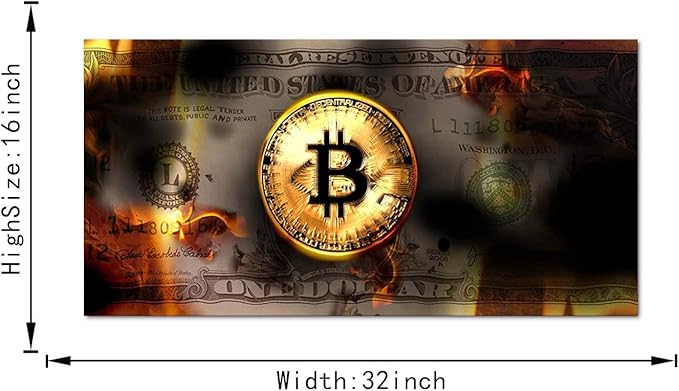 Modern Inspirational Framed Posters Bitcoin and Dollars USD Money Wall Art Creative Wall Picture Burning Bitcoin and Bill Artwork for Living Room Bedroom Classroom Decor Framed Ready to Hang-32"Wx16"H