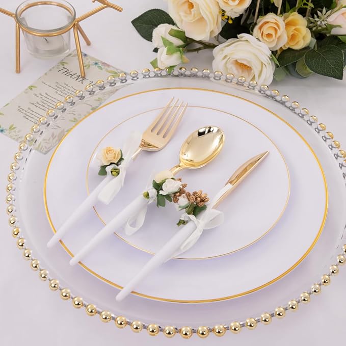 Nervure 100Pieces White with Gold Rim Plastic Plates - 7.5inch Disposable Gold Salad/Dessert Plate - White and Gold Plastic Plates Ideal for Wedding & Party & Thanksgiving
