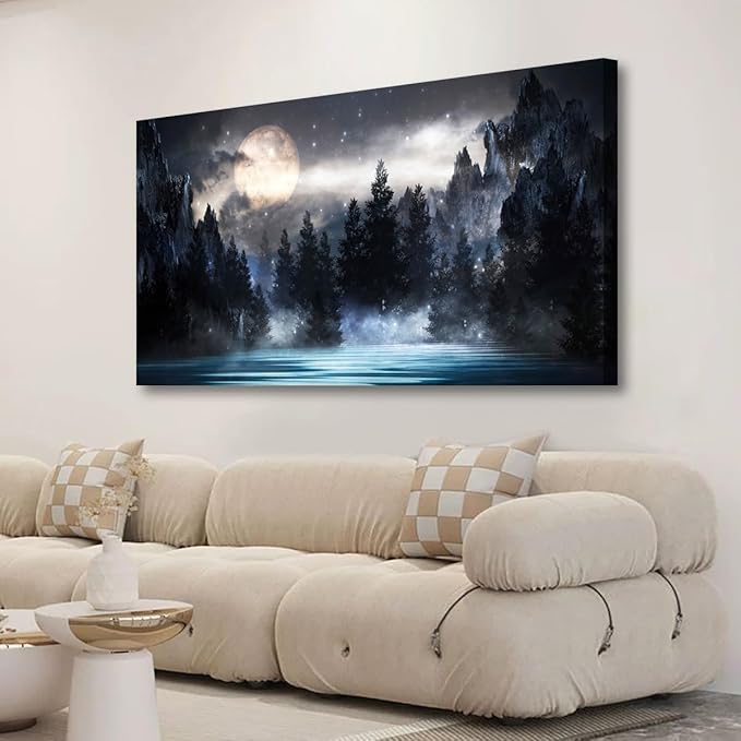 Mountain Moon Pictures Canvas Wall Art for Living room Office Bedroom Wall Decor,Moon Wall Art Print Paintings Modern Forest Nature Blue Lake Artwork Waterproof Ready to Hang-28X57 inch