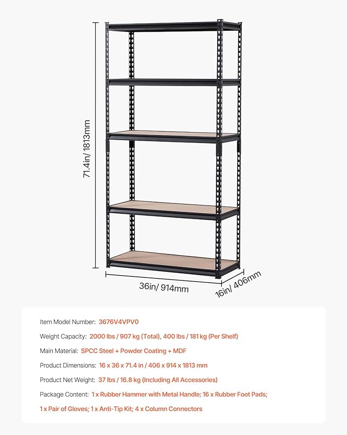 VEVOR Storage Shelves, 2000 lbs, 5 Tier Garage Storage Shelving, 16" D x 36" W x 71.4" H Adjustable Metal Shelves for Garage Shelves Utility Rack Shelf, Ideal for Kitchen, Warehouse, Basement, Black