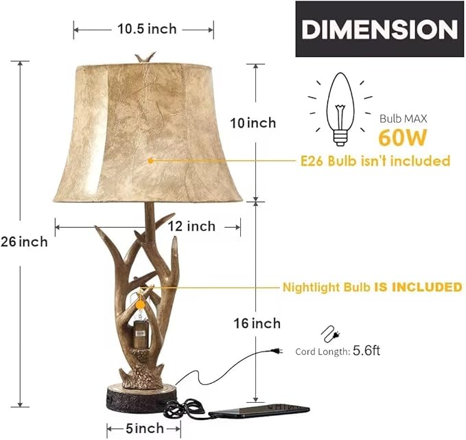 Dungoo Rustic Western Deer Table Lamps with Nightlight Set of 2, 26" Rustic Bedside Lamps for Bedroom with 2 USB Ports, Natural Antler Table Lamp for Christmas Living Room Foyer Office