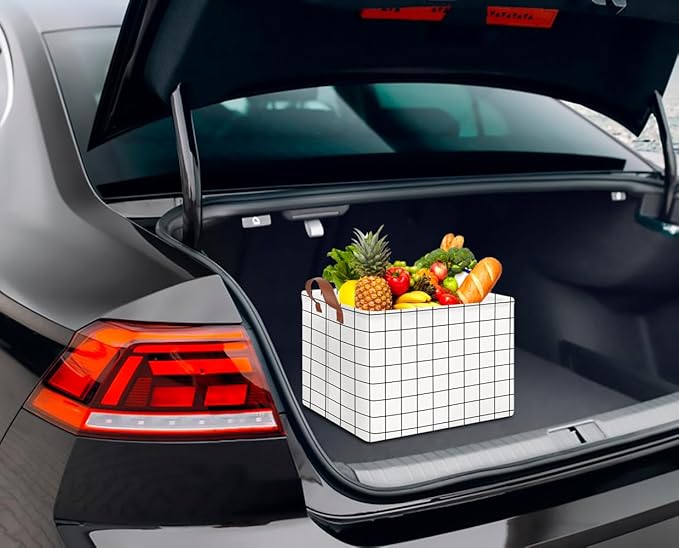 CLOCOR Rectangular Storage Basket,Collapsible Cute Pattern Storage Bin,Waterproof Coating Storage Box with Handles,Gift Baskets,Shelf Basket (white checks)