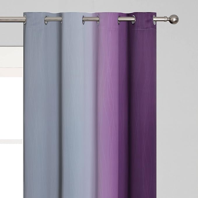 Ombre Purple and Gray Curtains 96 Inches Long, Total Blackout Curtains for Bedroom, Grommet Thermal Insulated Gradient Blackout Drapes, Full Light Blocking Curtains for Kids Room, 52x96 Inch, 2 Panels
