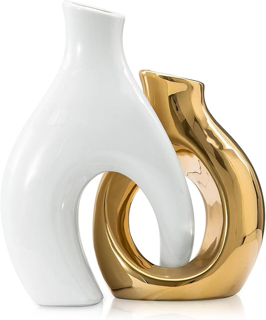 White and Gold Vases, Set of 2 vases Flowers, Pretty Vase Home Decor Boho, Hollow Modern Ceramic vase for Centerpieces