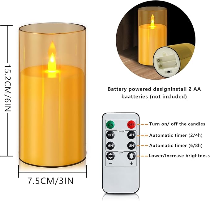 Amber Flameless Candles with Remote and Timer, 2 Pcs(D3 xH6) Flickering Battery Operated Acrylic LED Pillar Candles, Electric Fake Candles for Holiday Wedding Home Party Fireplace Décor