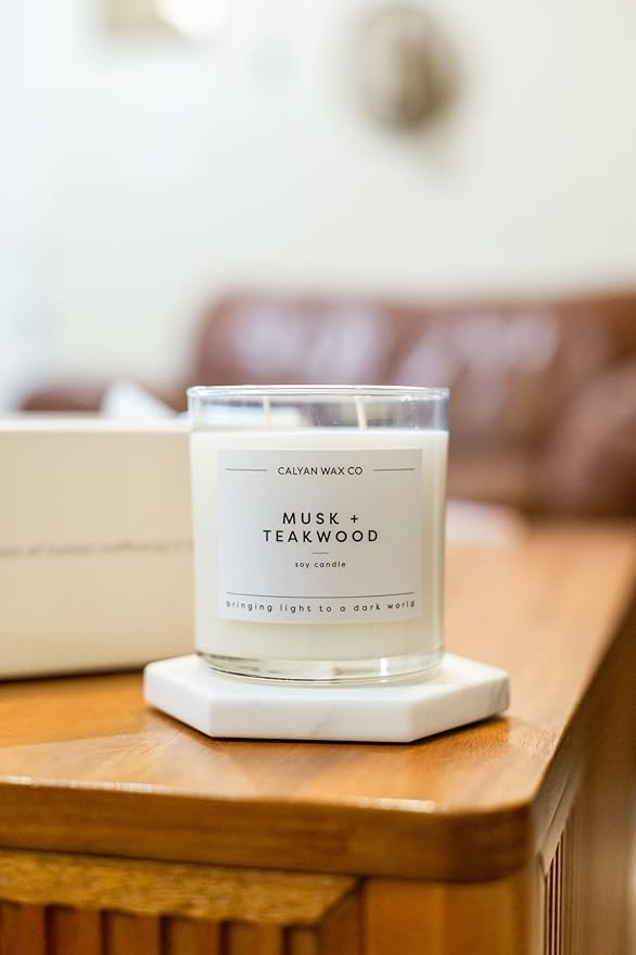 Calyan Wax Scented Candle, Musk & Teakwood Candle for The Home Scented with Essential Oils, Soy Wax Aromatherapy Candles in Glass Jar with 37 Hour Burn Time, Non Toxic Candles Gifts, 8.8oz