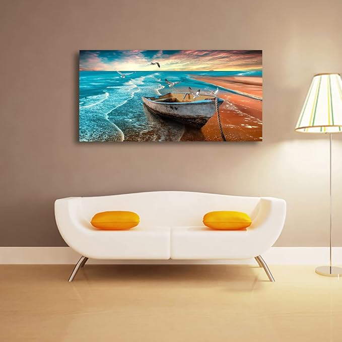 Beach Sunset Pictures Canvas Wall Art For Living Room Bedroom Wall Decor,Seascape Wall Art Print Paitnings For Home Decor,Morden Artwork Boat Canvas Art Waterproof Ready To Hang-28x57 Inches
