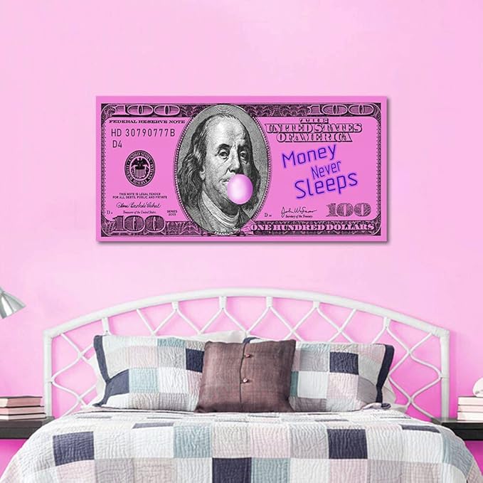 Pink Inspirational Office Canvas Art Benjamin Franklin 100 USD Dollar with Positive Quote Money Never Sleeps Creative Money Artwork Gift Choice for Men Workplace Gym Decor Framed Easy to Put-40 inch x 20 inch
