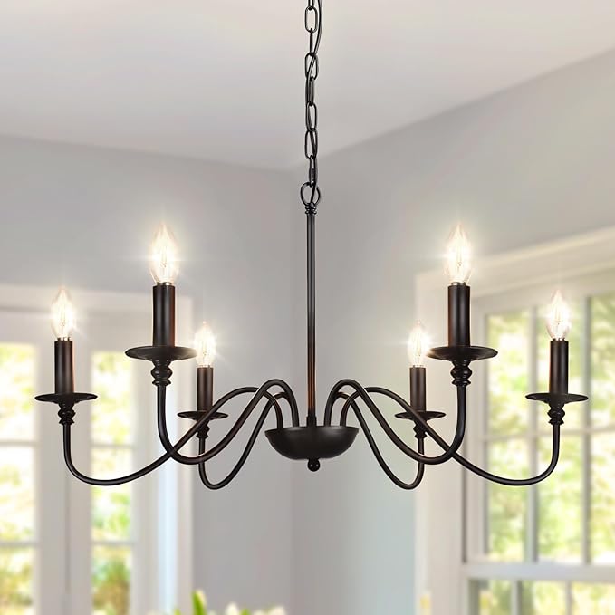 Depuley Farmhouse Chandelier for Dining Room: 6-Light Black Industrial Kitchen Island Pendant Light Fixture with 6 E12 Bulbs - Rustic Candle Chandeliers Vintage Modern Hanging Ceiling Lamp for Bedroom