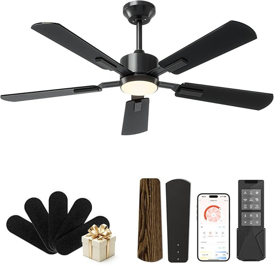 CubiCubi Ceiling Fans with Lights, 52 inch Ceiling Fan with light and Remote/APP Control, 3CCT, Dimmable, Quiet, Reversible, Modern Ceiling Fans for Indoor Bedroom, Living Room, Kitchen, Black