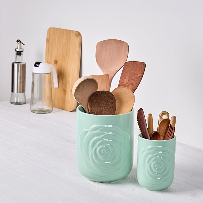 Light Green Ceramic Utensil Holder Set of 2 - Rose Carved Design, Kitchen Countertop Utensil Organizer for Spatula, Spoon & Cooking Tools, Large (7.5") & Small (5.5"), Farmhouse Kitchen Counter Decor