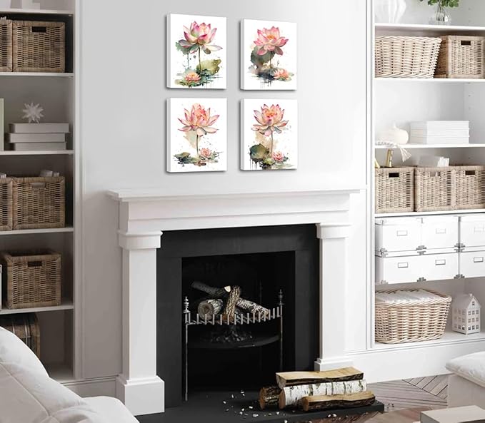 Framed Lotus Floral Wall Art Prints,Lotus Flower Canvas Wall Art,Watercolor Lotus Bloom Meditation Poster,Pink Lotus Zen Canvas Wall Art for Office Bathroom Room Decor Set of 4(8”X10”)