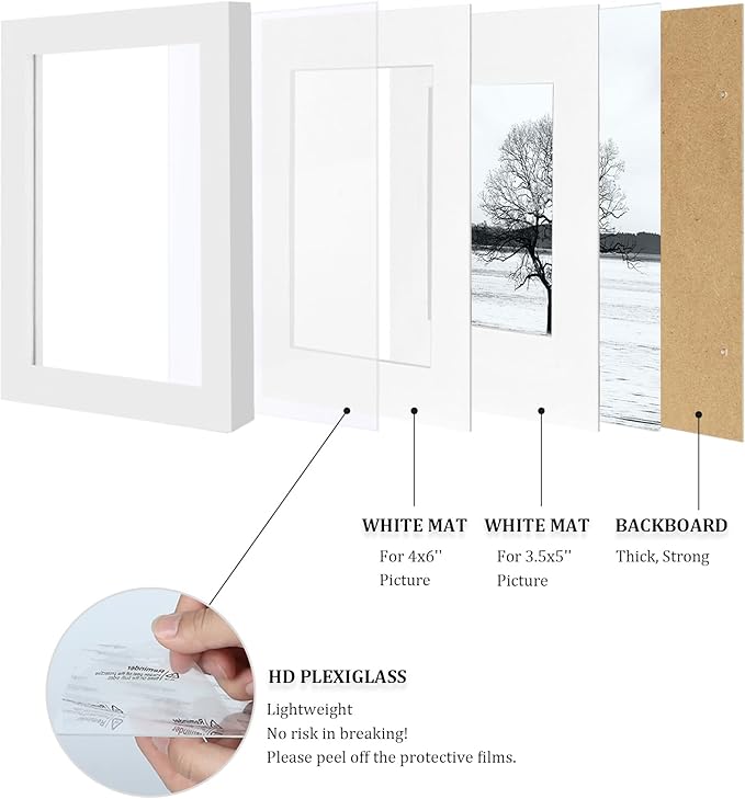 Egofine 4x6 Picture Frames Set of 4, Made of Solid Wood Covered by Plexiglass 3.5x5 with Mat or 4x6 without Mat, for Table Top Display and Wall Mounting Photo Frame White