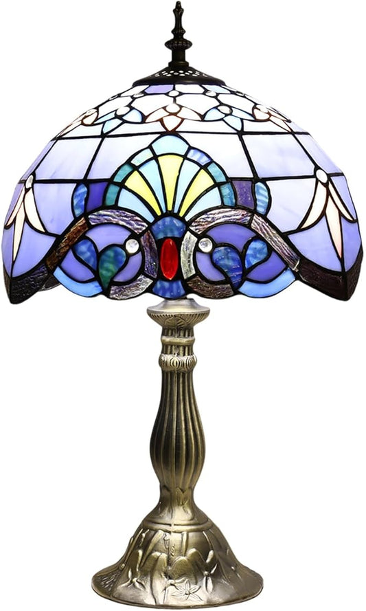 YingJu Tiffany Lamp,Blue Stained Glass Lamp,12X12X19 Inches Vintage Table Lamp for Bedroom,Living Room,Home Office（Including 2 LED Bulbs）