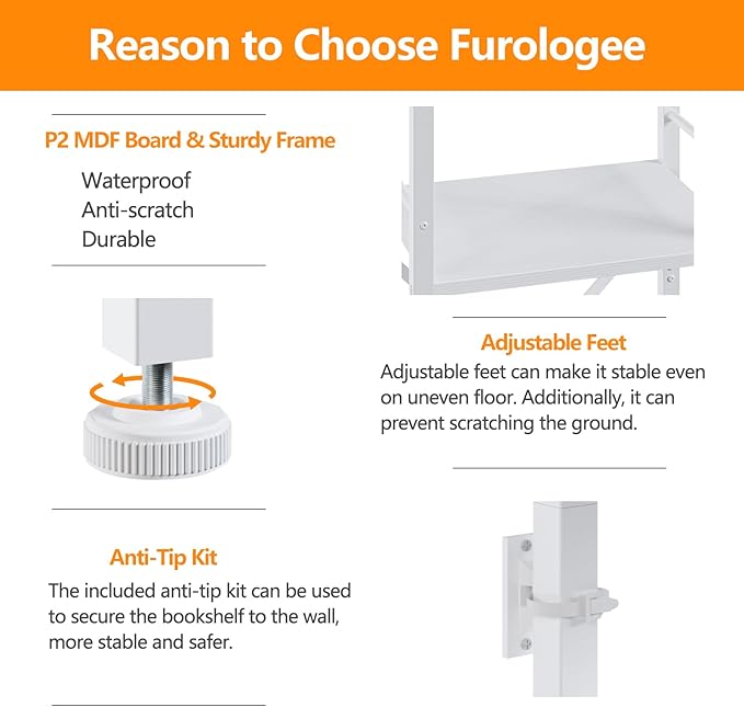 Furologee White Bookshelf 5 Tier Bookcase, Tall Narrow Bookshelves, Modern Freestanding Shelf Units, Metal and Wood Display Storage Corner Shelves Organizer for Bedroom, Living Room, Office, Bathroom