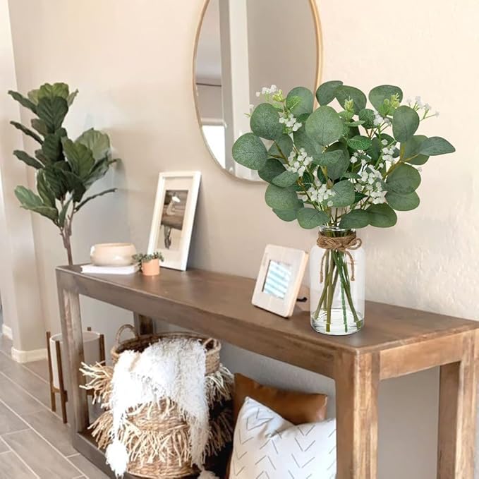 Artificial Eucalyptus Stems with Baby Breath Flowers in Glass Vase with Faux Water, 14" Fake Plant Eucalyptus Leaves for Home Farmhouse Wedding Centerpiece Bathroom Décor