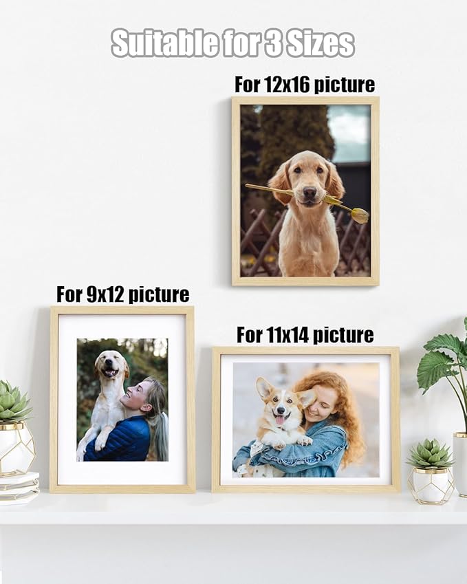 Egofine 12x16 Picture Frames Set of 4, Made of Solid Wood Covered by Plexiglass 9x12 and 11x14 with Mat or 12x16 without Mat, for Wall Mounting Photo Frame Oak Wood