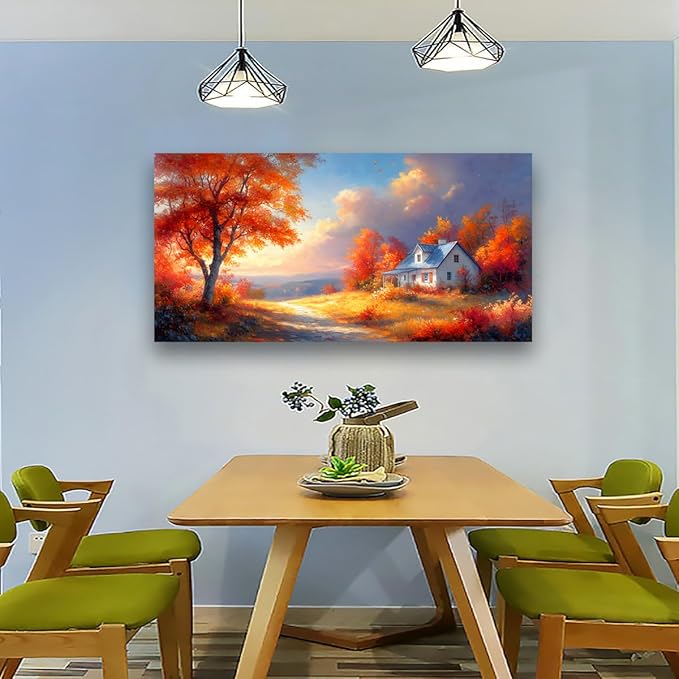 Village House Red Tree Canvas Wall Art Bedroom Wall Decor Living Room,Autumn Scenery Wall Art Office Kitchen Paintings Artwork Modern Abstract Pictures Art Prints Waterproof Ready to Hang-20x40inch