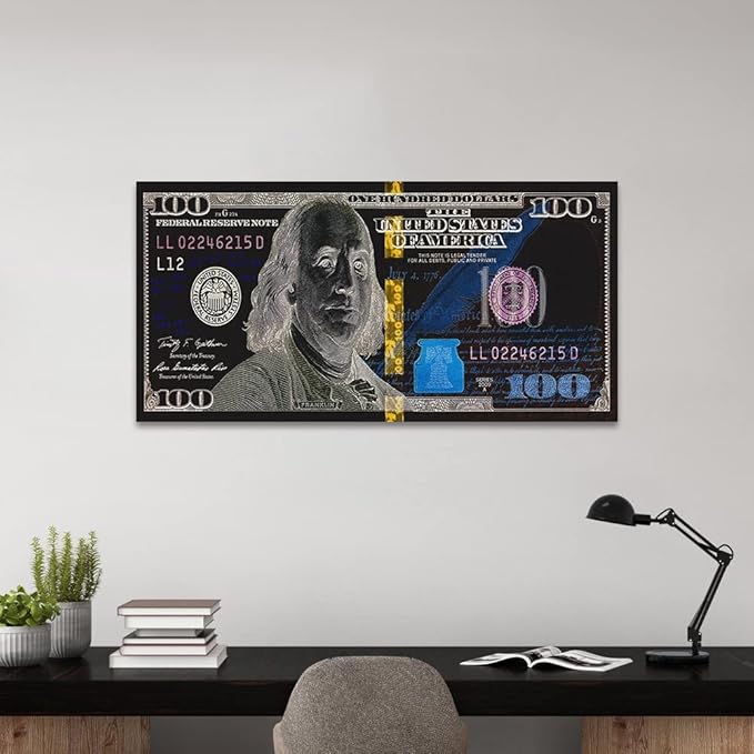 Abstract Creative 100 Dollar Bill Print Abstract Benjamin Franjlin Money Artwork Cash Art Print Rich Money Millionaire Canvas Paintings for Living Room Bedroom Wall Decor Framed Easy to Hang-32"Wx16"H