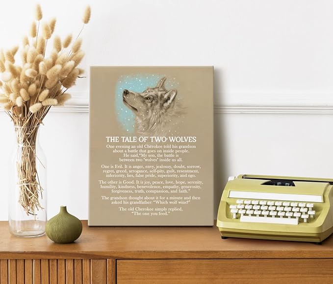 Wolf Poster, The Tale of Two Wolves, Canvas Wall Art Inspirational Quote Decor, Wolf Décor, Wolf Gifts, Canvas Prints Poster Wall Art (Khaki)