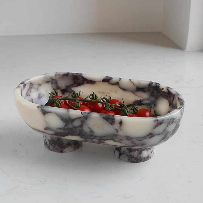Natural Oval Calacatta Viola Marble Fruit Bowl for Kitchen Counter 10", Large Decorative Bowl Two-Legs for Home Decor, Fruits Holder For Dining Table - Kitchen Organization