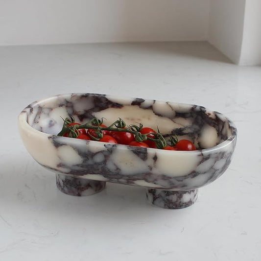 Natural Oval Calacatta Viola Marble Fruit Bowl for Kitchen Counter 10", Large Decorative Bowl Two-Legs for Home Decor, Fruits Holder For Dining Table - Kitchen Organization
