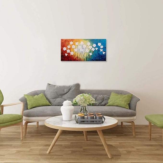 Yihui Arts Flower Pictures Wall Decor Hand Painted 3D Light Blue Yellow Red and White Canvas Oil Paintings Modern Big Horizontal Artwork for Living Room Bedroom Nursery Decoration