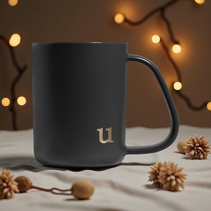 COLLECTIVE HOME - Ergonomic Handle Ceramic Mug, 15 oz Personalized Coffee Cup with Golden Initial, Microwave & Dishwasher Safe, Elegant Monogram Tea Mug in Gift Box for Home & Office (Black-u)